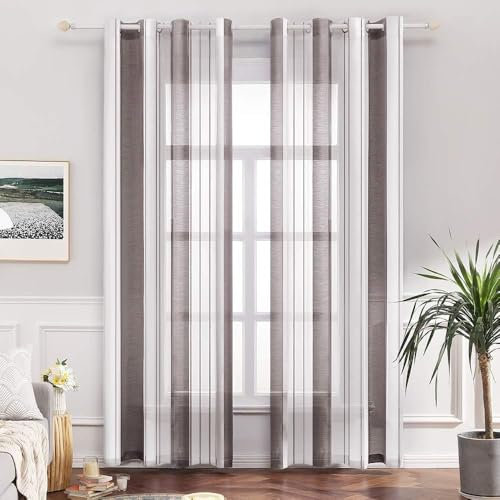 MIULEE Tende a Righe per Interni, Tende Trasparenti in Voile Tende Camera da Letto, Tenda Salotto Moderne con Anelli, Tenda a Pannello da Interno Finestra a Righe Bianche e Marrone Scuro, 2x 140x260CM