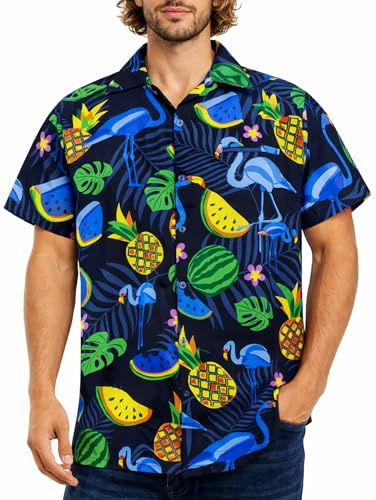 King Kameha Hawaii Hemd Männer - Funky Hawaiihemd Herren Kurzarm, Flamingo Melon, Dunkelblau (Blaue Flamingos), 3XL