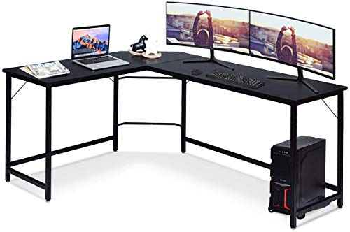 COSTWAY Bureau d'angle en L avec Support PC Central, Poste de Travail Industriel Bureau Informatique Cadre en Fer, Table d'Ordianteaur pour Bureau, Salon, 168 x 125 x 74 cm(Noir)