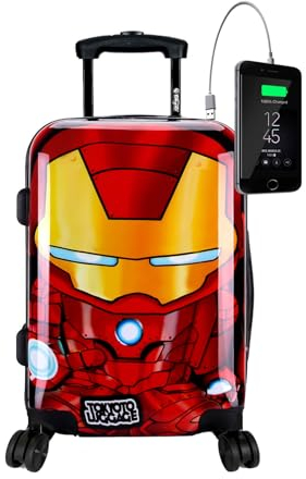 TOKYOTO Kabinentrolley Kinderkoffer Handgepäck Flugzeug für Mädchen Jungen Fans von Superhelden Cartoons Avengers Hartschalenkoffer Kabinenkoffer 55x35x20 cm TSA-Schloss USB-Anschluss Iron Boy