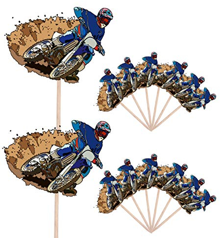AK Giftshop Motorbike Dirt Track Bike - Birthday - Event - Party Food - Cake Cupcakes - Picks Sticks Decorations Toppers Stand Up Food Flags (pack of 14)