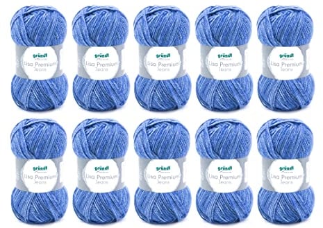 Gründl Wolle Lisa Premium Jeans - Garn zum Stricken mit Farbverlauf - Strickgarn - Häkelgarn - Weich und hautfreundlich - 100 % Polyacryl 10 Knäuel 50 g / 133 m -Nadelstärke 3,5-4,5 - Jeansblau