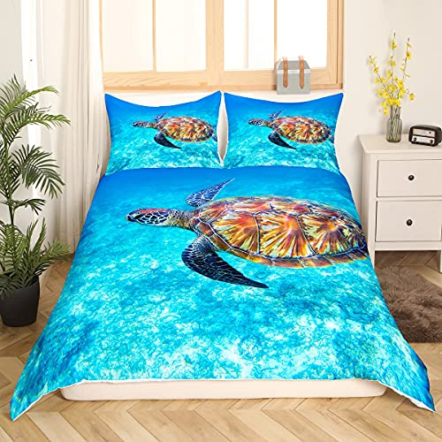 Loussiesd Meeresschildkröte Bettbezug Set 3D Reptil gedruckt Bettwäsche Set 155x220cm Blau Ozean Marine Betten Set für Kinder Jungen Mädchen Unterwasser Tiermuster Dekor