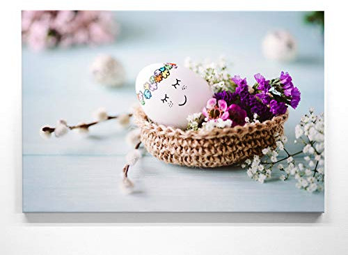 Wandbilder zu Ostern, Eine wunderschöne Osterdeko, Ei im Körbchen als 50x50cm großes Leinwand-Bild. Dekorieren Sie Küche, Wohnzimmer, Schlafzimmer. Aufgespannt auf 2cm Holzrahmen