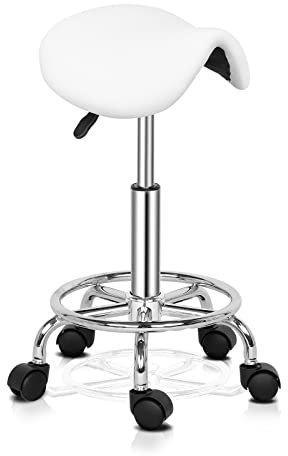 Bonnlo Saddle Stool Adjustable Salon Chair, Swivel Rolling Wheels & Ergonomic, Hydraulic Gas Lift Chair for Hairdressing Manicure Tattoo SPA Beauty Therapy Bar Studio, White