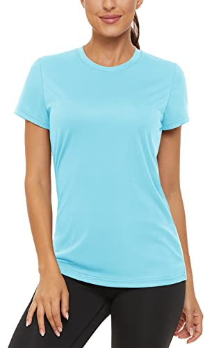 TACVASEN Damen Short Sleeve Tshirts Swim Shirts UV-Sonnenschutz Atmungsaktiv Schnell Trocknend (L, Seeblau)