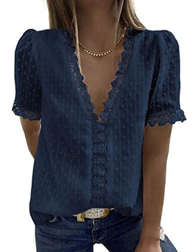 Bipily Chemisier Femme Dentelle Décontracté Col V Élégant Couleur Unie Vintage Manches Courtes Casual Dentelle Blouse(Bleu Marin,L)