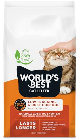 WORLD'S BEST CAT LITTER Low Tracking & Dust Control Multiple Cat Unscented 15-Pounds - Natural Ingredients, Quick Clumping, Flushable & Made in USA - Long-Lasting Odor Control & Easy Scooping
