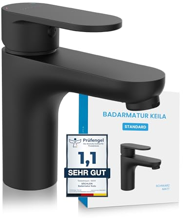 Bächlein Badarmatur Keila in klassischem Design, Einhebelmischer mit langlebiger Keramikkartusche und Montage-Set, Bad Wasserhahn Matt Schwarz - klassisch
