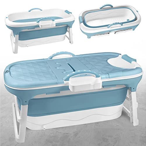 TRMLBE Baignoire Pliable pour Adultes Portable en PP+TPE avec Couvercle Amovible et Poignée - Bleu (128 x 62 x 52cm)