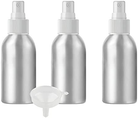 PQPAUTY 3 Pcs 100ml Empty Silver Aluminium Fine Mist Spray Bottle with White Spray Nozzles Refillable Travel Alu Bottles for Body Sprays, Room Fragrances, Perfumes, Hair, Garden, Funnel
