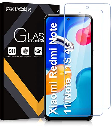 Phoona 2 Pezzi,Vetro Temperato per Xiaomi Redmi Note 11 4G,Redmi Note 11S 4G,Durezza 9H,Anti Graffio,Anti-Impronte, Senza Bolle,Pellicola Protettiva Protezione per Redmi Note 11/11S 4G