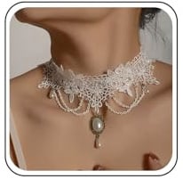 TseenYi Spitze Choker Halskette Vintage Spitze Breite Choker Halskette Geschichtet Quaste Wasser Tropfen Perle Anhänger Choker Braut Hochzeit Schmuck Für Frauen Und Mädchen Geschenk (weiß)