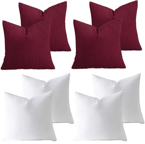 AMEHA Stripe Burgundy Cushions with Covers included 45 x 45 cm Pack of 4 (4 Covers, 4 Inserts) Decorative Square Throw Pillowcases for Couch Bedroom Sofa with Invisible Zipper 18x18 inches