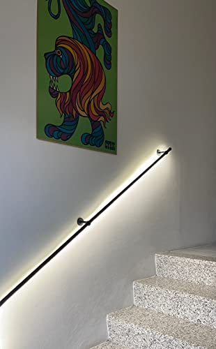 InCasa Handlauf Durchmesser 20 mm, Länge: 600 cm, Schwarzer Stahl mit Led cob, Farbe Naturweiß – Belastung bis 80kg – komplett