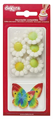 Dekora - Essbare Schmetterlinge und Blumen für Torte aus Zucker - Box mit 5 weißen Blüten und 4 bunten Schmetterlingen - Zuckerdekor Tortendeko Geburtstag Essbar