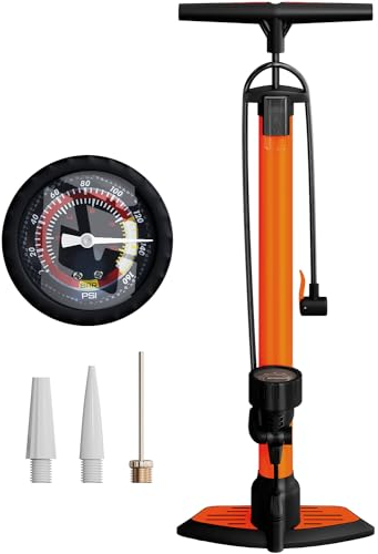 unycos - Bomba de Bicicleta de Pie con Manómetro de Alta Presión y Válvulas【Presta | Schrader】 160 PSI/11 Bar | Inflador de Bola, Neumáticos, Pelotas y Anillos de Natación, 63x23 cm (Naranja)