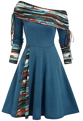 DRESSFO Womens Boho Knit Sweater Dress Long Sleeve Off Shoulder Button Sweatshirt Colorblock A Line Winter Dress