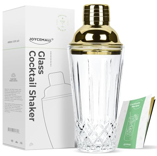 Glass Cocktail Shaker - JOYCEMALL 14.5 Ounce Cut Crystal Bartender Shaker - with Stainless Sealing Steel Cap & Strainer - for Home Use & Bar Whisky Cocktail (Gold)