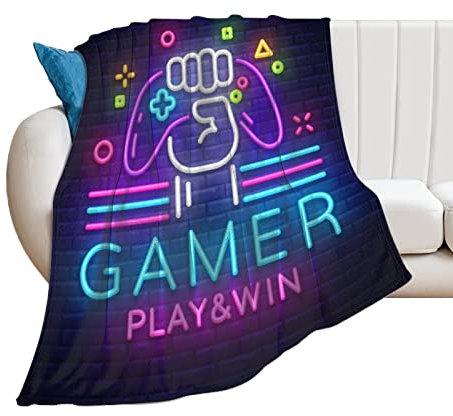 Manta de forro polar para sofá cama, arma Gamer Play Win Gaming estilo neón suave y esponjosa para niños y niñas, manta antiestática premium para el hogar, oficina, viajes, coche, dormitorio, sala de
