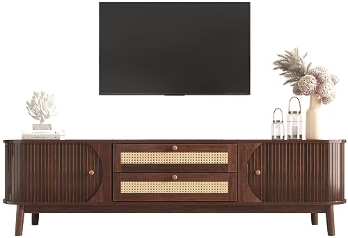 HAINEW Landhausstil TV Schrank TV Lowboard mit Türen und Rattan Schubladen, TV-Ständer mit Rattanseiten, Fernsehschrank für Wohnzimmer Esszimmer (Holzfarbe und hellgelb)