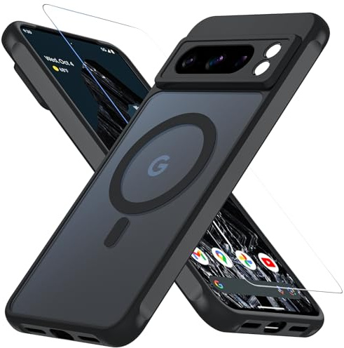 OWKEY Google Pixel 8 Pro Case for Magsafe with Tempered Glass Screen Protector, [Shockproof Military-Grade Protection] Translucent Magnetic Slim Bumper Cover Phone Case for Pixel 8 Pro 6.7, Black