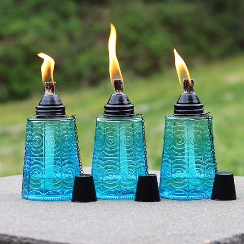 Seraphic Lot de 3 torches de table à la citronnelle pour terrasse extérieure, 473,6 g, bougies décoratives en verre pour terrasse, jardin, fêtes, bleu tropical
