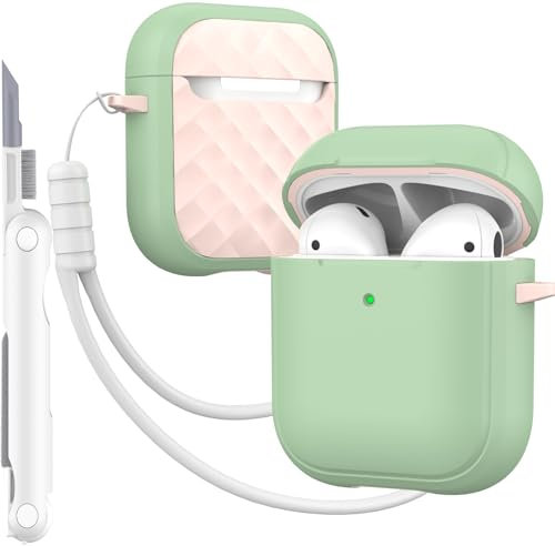 MHYALUDO Custodia per AirPods Case Cover con kit di pulizia & cordino, copertura protettiva completa con cordino, colore amaretto giovanile per custodia di ricarica per Airpods 2 gen,Verde/Rosa