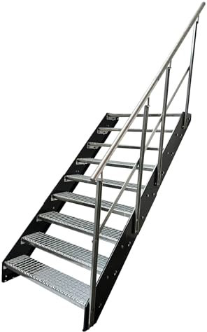 Kaminbau Mierzwa Premium Stahl Treppe mit Geländer Rechts/Wangen in Anthrazit RAL 7016/9 Stufen (Breite wählbar) (Höhe 171 cm) Wetterfest Gitterroststufe Gartentreppe