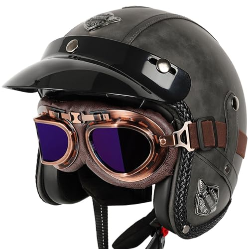 Leder-Jethelm Vintage-Motorradhelm Open Face Leder-Helm Winter Winddichter Motorrad Roller Helm, Mit Brille, ECE Genehmigt Jethelm Für Damen Und Herren K,XL