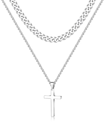 JeweBella Kreuz Kette Herren Edelstahl Silber Kette mit Kreuz Layered Kreuz Anhänger Panzerkette Set Silberkette Herren 40/45/50/55/60cm