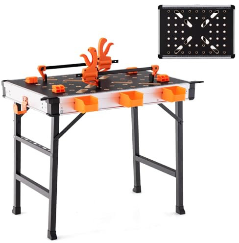 COSTWAY Banco da Lavoro Pieghevole, Tavolo da Lavoro Portatile con 2 Morsetti Rapidi e 4 Clamp Dogs, Telaio in Alluminio e Metallo, Capacità di Carico 454 KG (Modello 3)