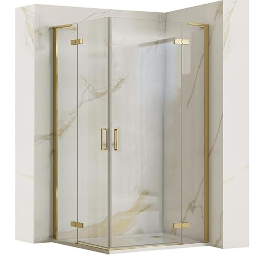 Rea HUGO DOUBLE GOLD BRUSH Duschkabine 100x100x200,5 cm Transparentes gehärtetes Sicherheitsglas 6 mm (Gold) Ohne Duschwanne