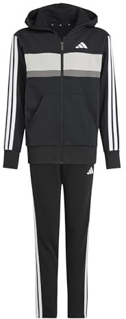 adidas Unisex - Bambini SEASONAL ESSENTIALS TIBERIO 3 STRIPES FLEECE TRACKSUIT, black/white/grey two, 9-10 Years