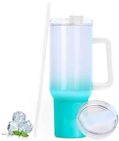 Mug Isotherme 40OZ, Tasse de Voiture Paille 1200ml bouteille d'eau isolée sous vide à double paroi avec paille et couvercle, Tasse à Café Acier Inoxydabl avec Paille et Poignée (blanc/vert)
