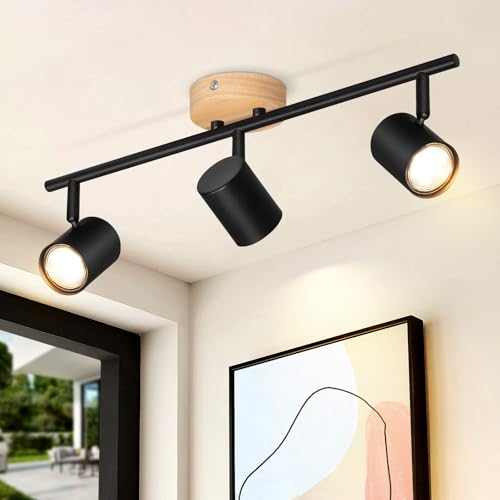 Deboola LED Deckenstrahler 3 Flammig Deckenlampe - Holz Deckenleuchte GU10 Strahler Schwenkbar Treppenhauslampe Vintage Schwarz Spotleuchte für Wohnzimmer Schlafzimmer Flur Küche Ohne Leuchtmittel