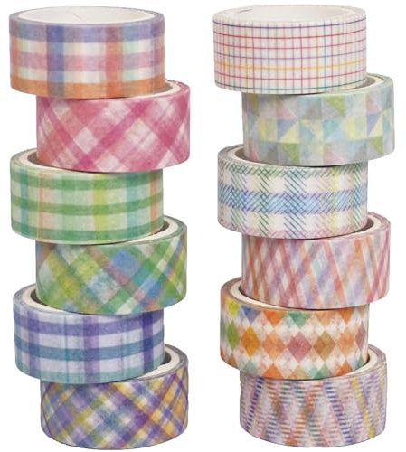 YUBX Basic Grid Washi Tape Set 12 Rolls Plaid Decorative Masking Tapes for Arts, DIY Crafts, Journals, Planners, Scrapbook, Wrapping (Colored)