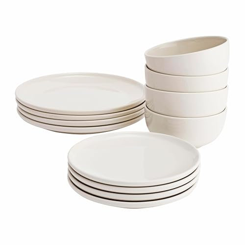ProCook Stockholm Ivory Dinner Set Stoneware Scandinavian Style Flat Base Dishwasher, Microwave & Oven Safe Dinnerware 12 Piece, 15.5 x 21 x 27 cm