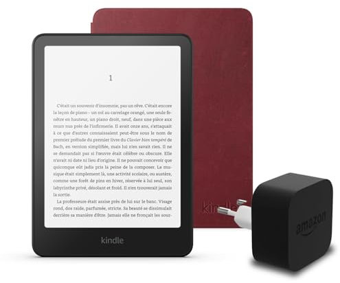 El último Kindle Paperwhite (versión 2024) de 16 GB con anuncios, una funda de cuero Amazon Premium y un adaptador de corriente Amazon Powerfast de 9 W.