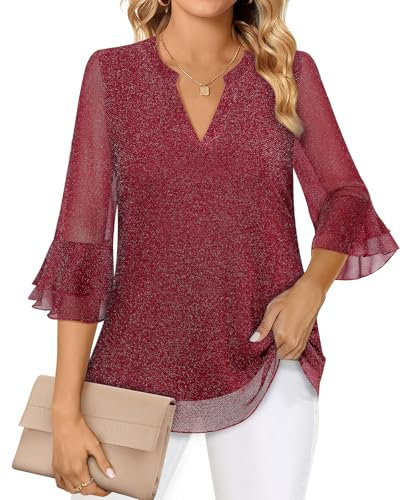 Akiooue Long Tops to Wear with Leggings, Womens Tunic Shirts Casual 3/4 Sleeve Blouse Womens Night Out Ladies Red Tops