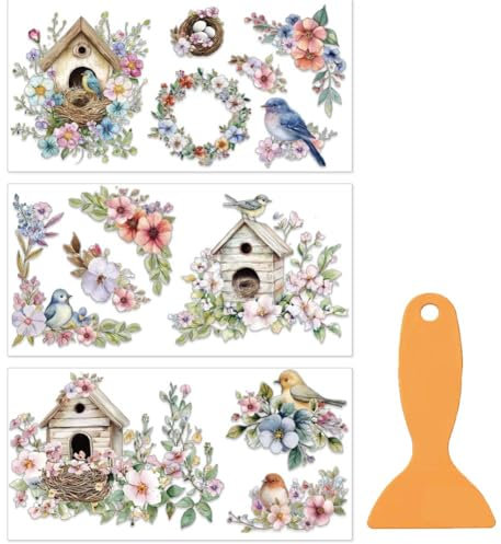 OLYCRAFT 3 Stück/Set Vogel Blumen Transferfolien Zum Aufreiben Für Möbel Und Kunsthandwerk 15x30cm Große Vogelkäfig Kranz Möbelaufkleber Transferaufkleber Zum Aufreiben Mit 1 Teiligem Schaber