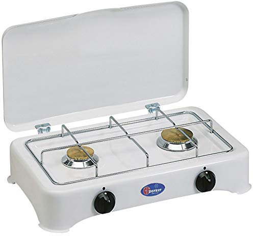 CFParker - Hornillo a gas metano de 2 fuegos con válvula de seguridad para uso interior con tapa - Modelo 5326Sm