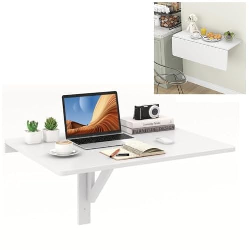 GYMAX Wandklapptisch 80 x 60 cm, Küchentisch klappbar, platzsparender Esstisch aus Holz, Schreibtisch Wandmontage, Klapptisch, Wandtisch für Esszimmer & Arbeitszimmer (Weiß)
