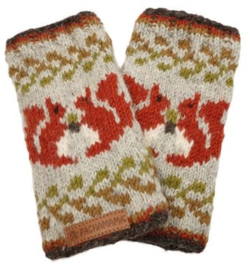 Pachamama Damen-Handwärmer aus Wolle, mit Fleece gefüttert, handgestrickt, rotes Eichhörnchenmuster, grau, Einheitsgröße, handgefertigt, Thermo, extra warm, Fair Trade