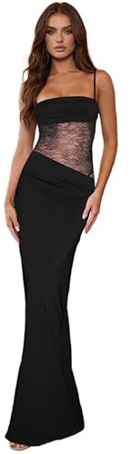 Sukiglam Robe Femme Sexy sans Manches Maxi Robes Transparente Dentelle Patchwork Chic Bretelles Spaghetti Col Carré Robe Longue Moulante Ete Elégant Dos Nu Robes de Soiree Cocktail Clubbing Fête