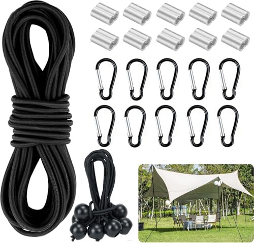 KINDPMA Corda Elastica 6mm x 20m Nero Corda di Gomma per Teloni Allenare Barca con 10 Manicotti in Alluminio, 10 Moschettoni, 10 Corde Elastiche con Sfere