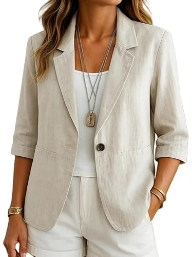 Blazer De Mujer - Blazer De Lino Y Algodón para Mujer Cárdigan Abierto con Mangas 3/4 Informal para Trabajo Y Oficina Elegante Y Ligero para Verano con Bolsillos Ribeteados.