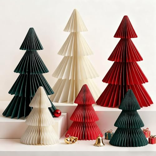 Papier Weihnachtsbaum, Tannenbaum Waben Deko Tanne, Weihnachten Faltbarer Papiertannenbäume, Tischdeko Weihnachtsdeko Innen Für Esstisch Schrank (Weihnachtsbaum, 3 Stück 25cm + 3 Stück 15cm)
