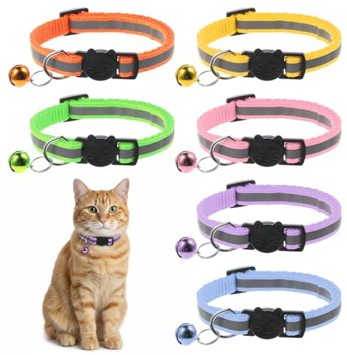 TIESOME 6 stycken reflekterande katthalsband, katthalsband med snabbkoppling, katthalsband med klockor justerbar 20–32 cm för valpar små hundar och katter halsband katt för utomhusbruk inomhus