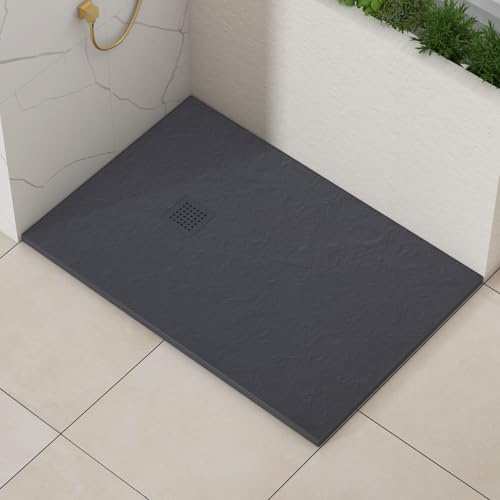 Luxor Rectangular 1600 x 800 x 30mm Grey Slate Effect Stone Shower Tray Slip-Resistance for Shower Enclosure with Grey Cover Grate